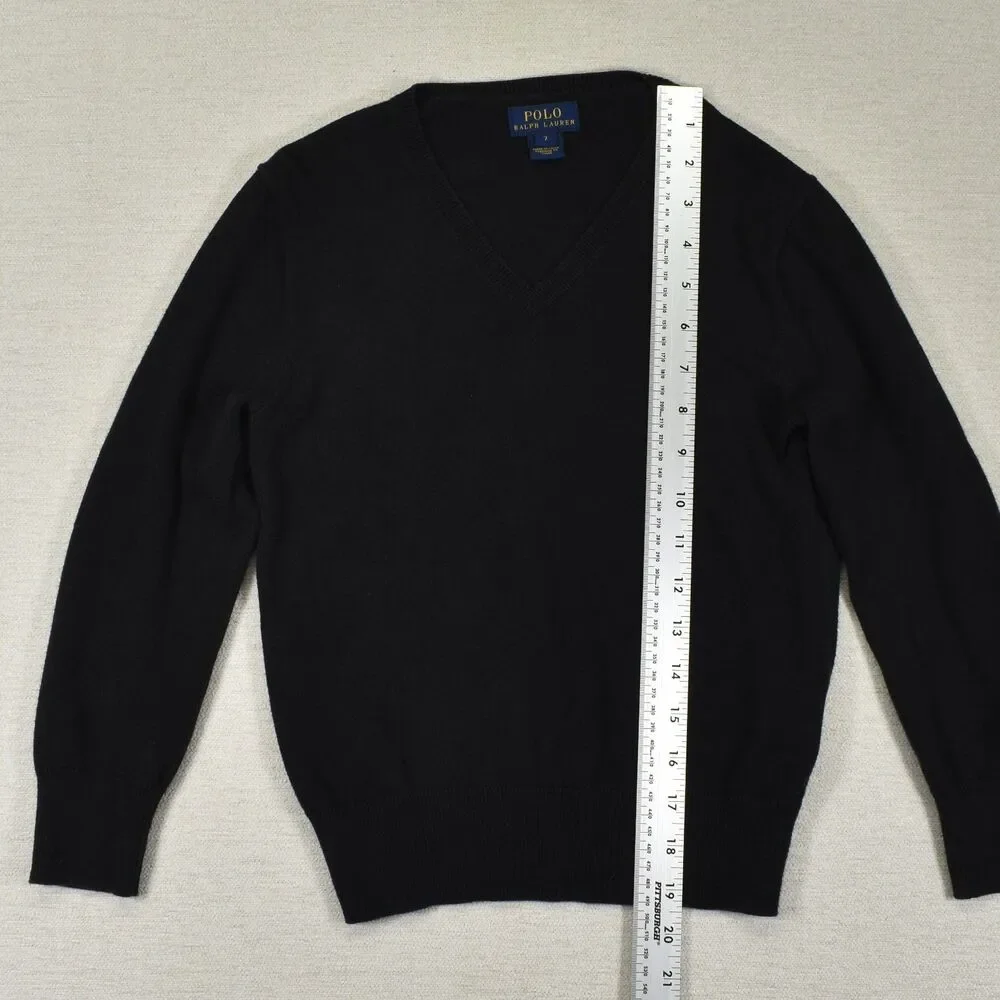 Polo Ralph Lauren Boys 7 Black V Neck Sweater Suede Elbow Patches Red Pony Knit